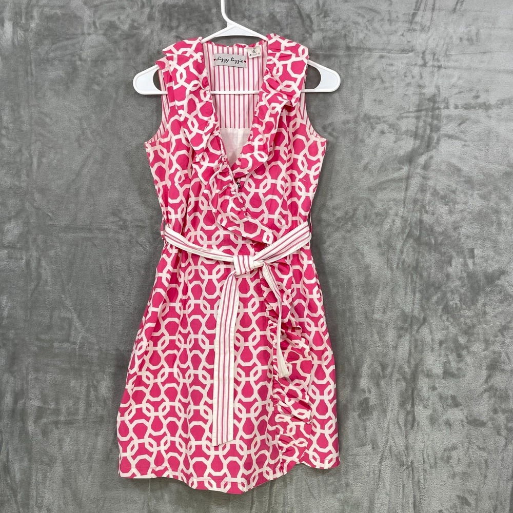 Dizzy Lizzie XS Wrap Dress Ruffled Neck Cotton Lined Retro Pink Belted‎  Snap